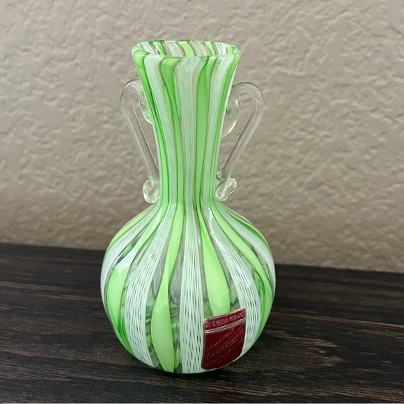 Vtg Murano Venetian Glass Green White Zanfirico Latticino Adventurine Mini Vase - Picture 1 of 4